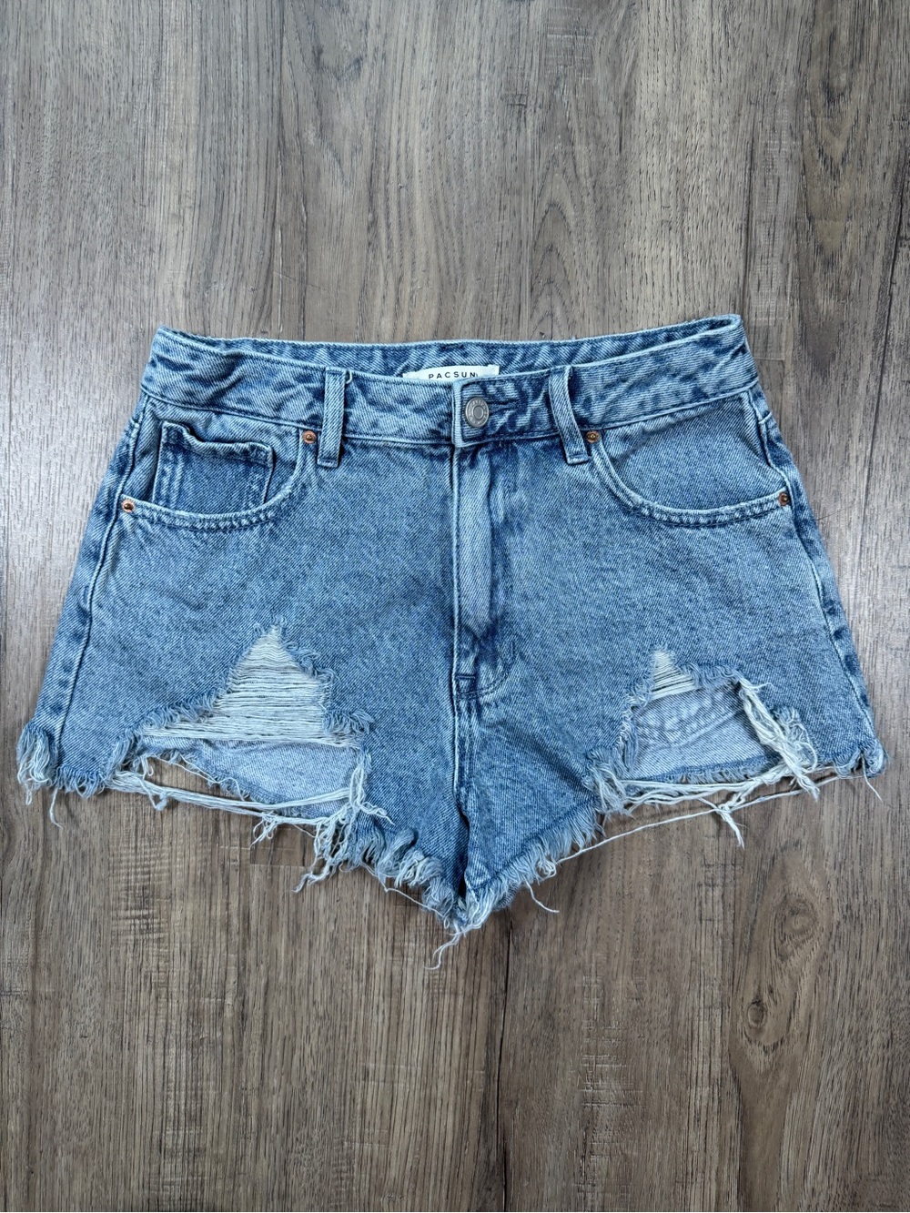 PacSun High Rise Festival Denim Shorts Light Wash Distressed Frayed Size 27